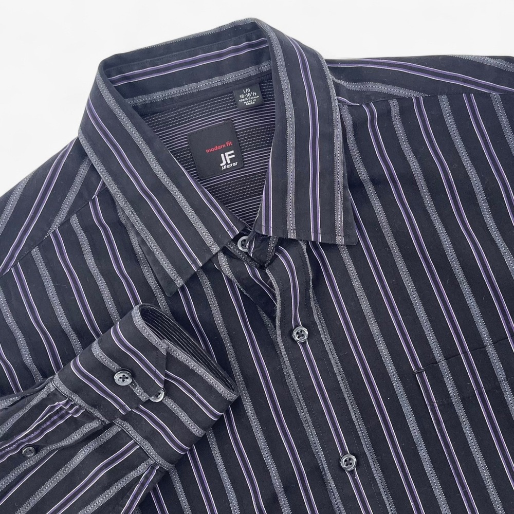 JF J.Ferrar Mens Modern Fit Long Sleeve Striped Dress Shirt Black L